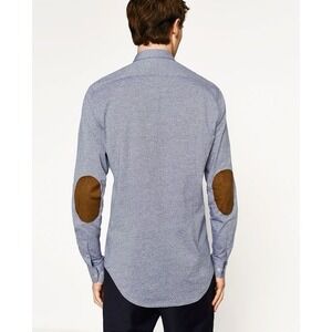 Zara Man Mens Button Down‎ Medium Slim Fit Elbow Patch Blue Cotton Long Sleeve